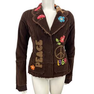 Vintage Y2K Embroidered Corduroy Jacket Brown Sz S M Pepper Distressed Boho